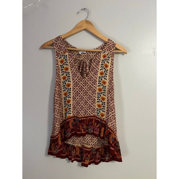 Patrons of Peace Tie Neck Ruffle Hem Floral Tank Top Size XS Feminine Flowy Boho - Picture 1 of 5
